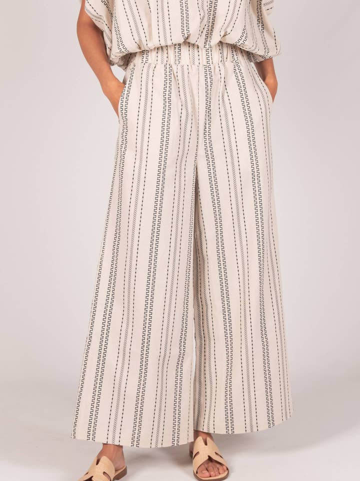 Taupe Navy P. CILL Print Linen Wide Leg Pants for wholesale on Faire