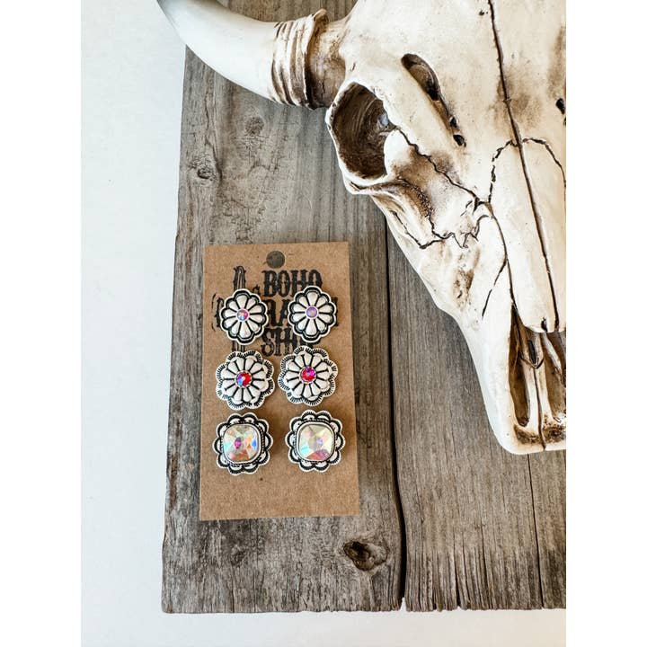 Boho Ranch Shop - Wholesale Jewelry Set - 3 Pair Western Earring Set Studs - Flower Concho3