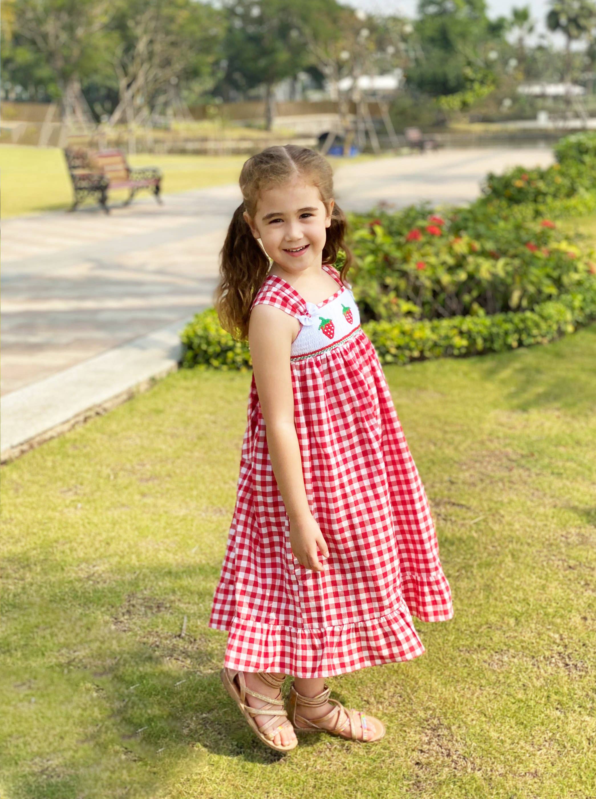 Angeline Kids - Wholesale Dress - Kids - Baby Girls Summer Strawberry Red Gingham Smocked Sun Dress2