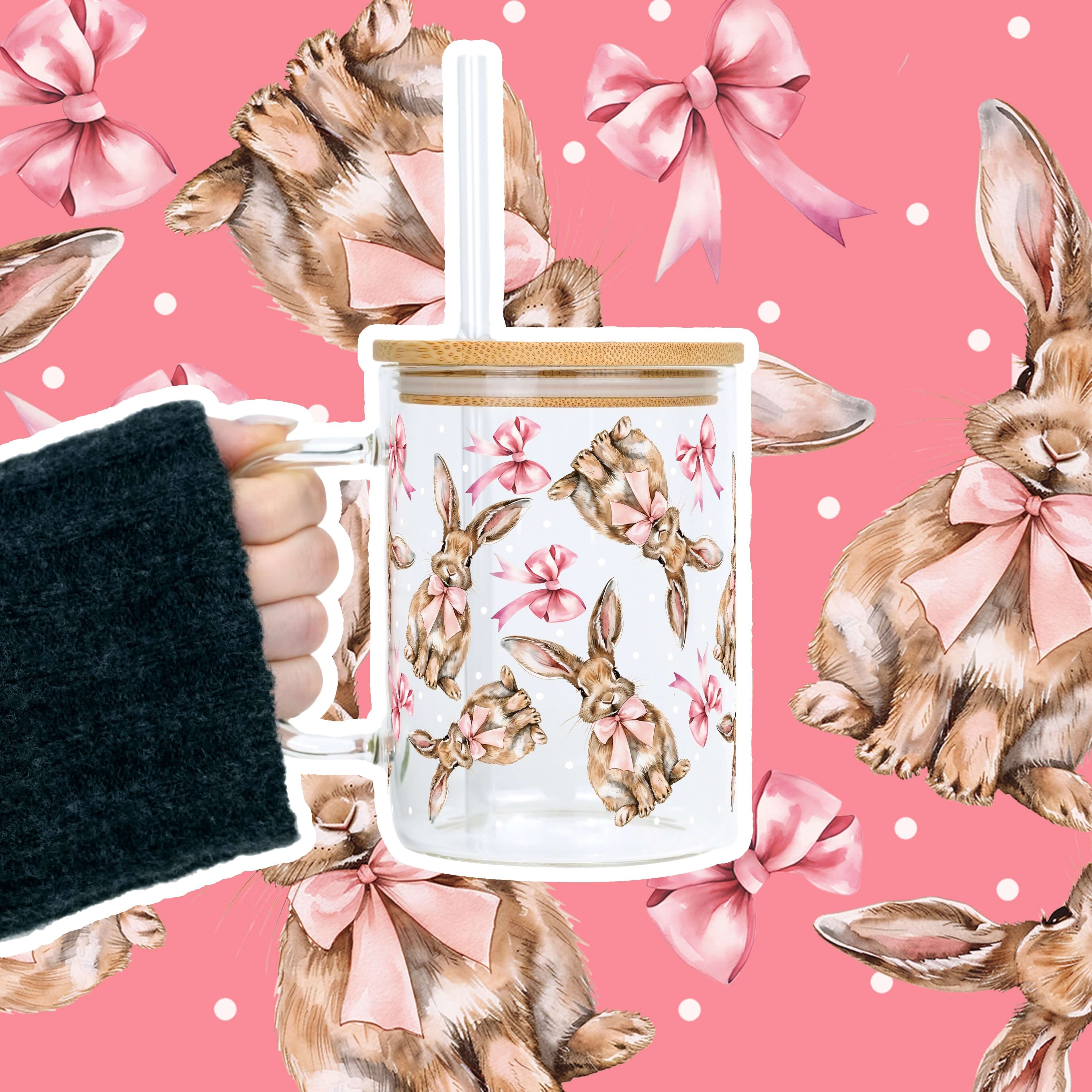 Sip-Sip Hooray! – wholesale Drinking glass/cup – Coquette Easter Bunny 17oz Glass Mug With Lid and Straw1