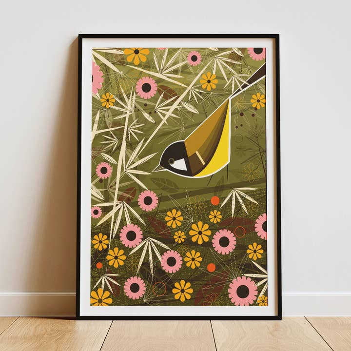 Great Tit in a flowery Meadow - Retro print for wholesale by Mr Watson Design