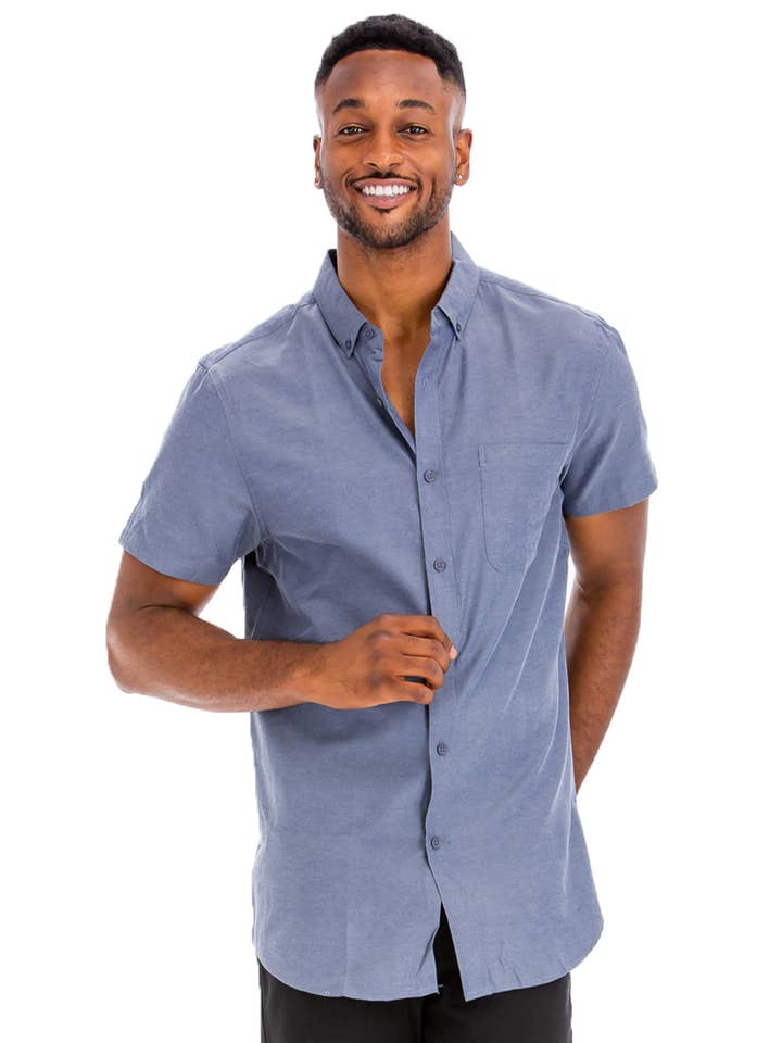 WEIV - Wholesale Button Down Shirt - Men's - Solid Chambray Short Sleeve Button Down Shirt2