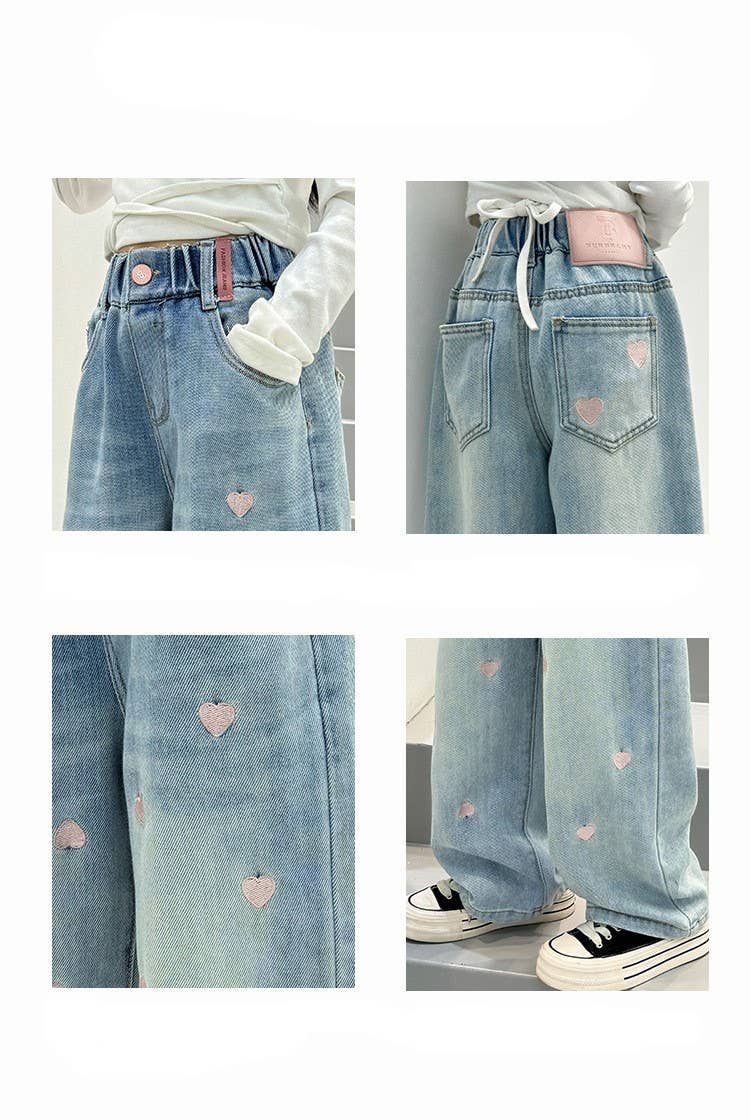 Blue Girls' Wide-Leg Jeans with Heart Embroidery for wholesale on Faire4