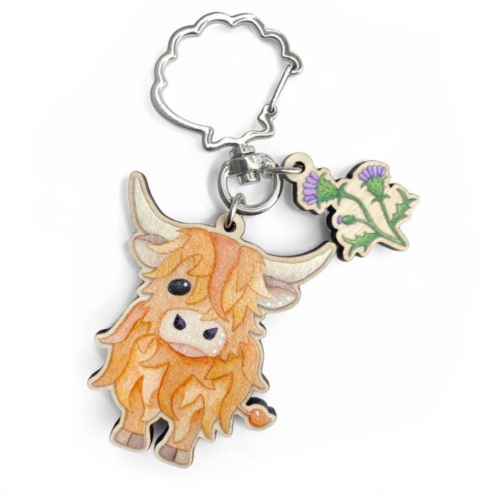 Highland Cow Keyring - Wooden Keychain - Scottish Gifts for wholesale by East Neuk Beach Crafts