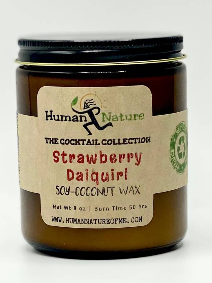 Bougie aux fraises, daiquiri, noix de coco, soja et cire d'abeille, pot ambré pour la vente par Human Nature of Maine