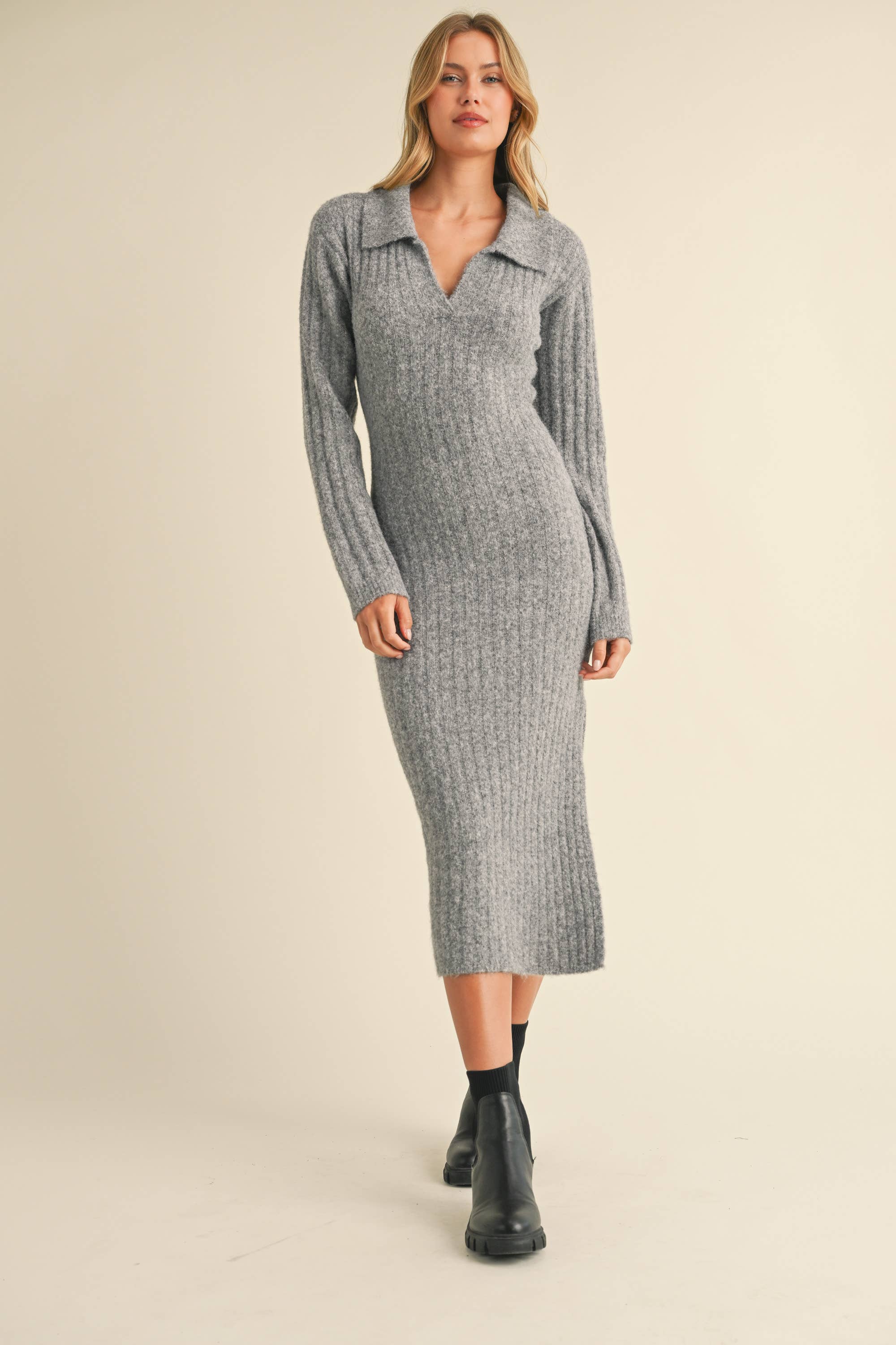 Klesis - Wholesale Dress - Women's - ID8811 COLLAR SWEATER MIDI DRESS WITH LONG SLEEVES1