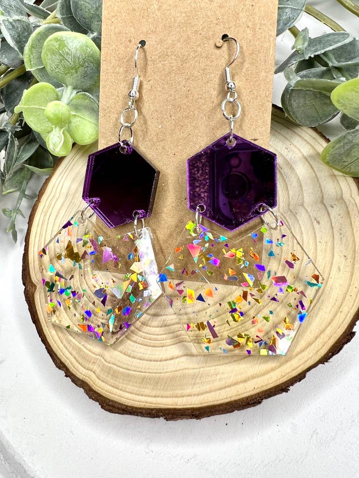 Princess Hexagon Acrylic Glitter Earrings for wholesale by Lindsey Lane Wholesale