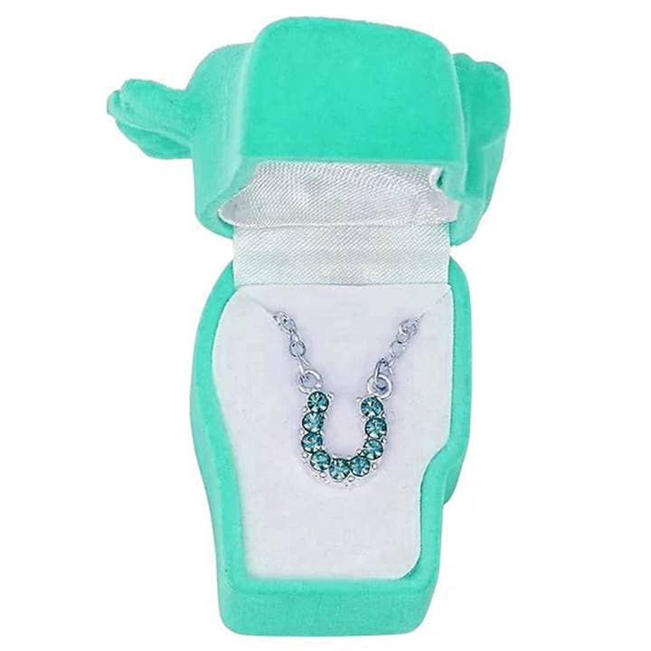 Aqua Rhinestone Horseshoe Necklace in Pony Head Gift Box for wholesale by Western Express