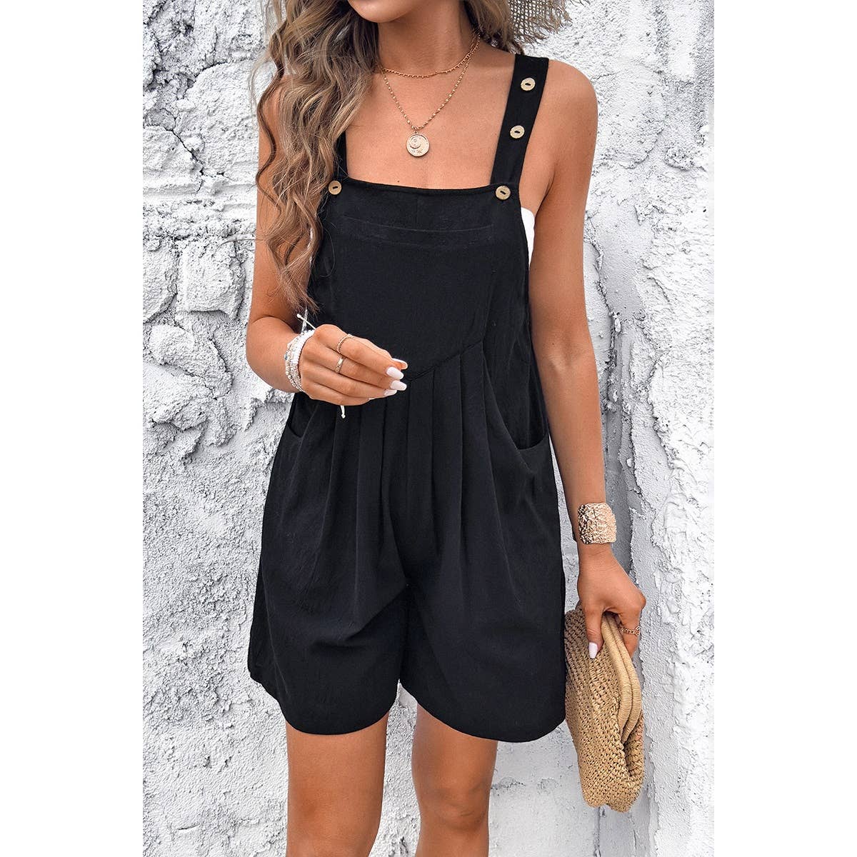 Supreme Fashion - Wholesale Romper - Women's - Square Neck Pockets Button Tirm Ruched Romper0