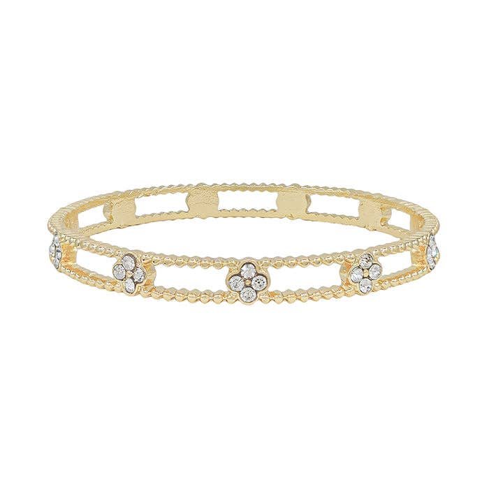 Gold Textured Bangle with Rhinestone Clover Accents for wholesale by What's Hot