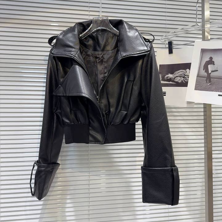 Black SET213Y Autumn PU Leather Jacket and Cross Leather Pants Set for wholesale on Faire3