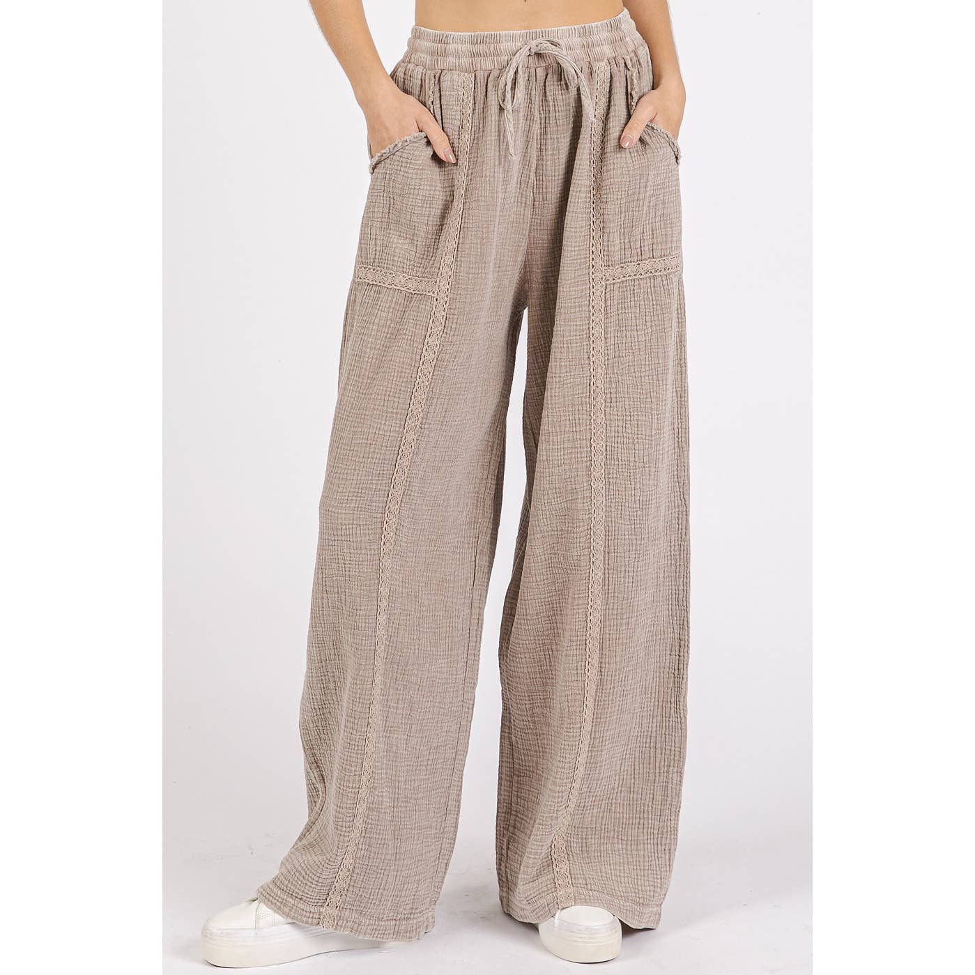 mittoshop - Wholesale Pants - Women's - LACE TRIM DETAIL ELASTIC WAIST COTTON GAUZE PANTS0