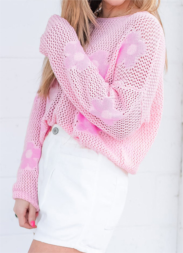 Light Pink Big Flower Hollowed Knit Drop Shoulder Sweater for wholesale on Faire1