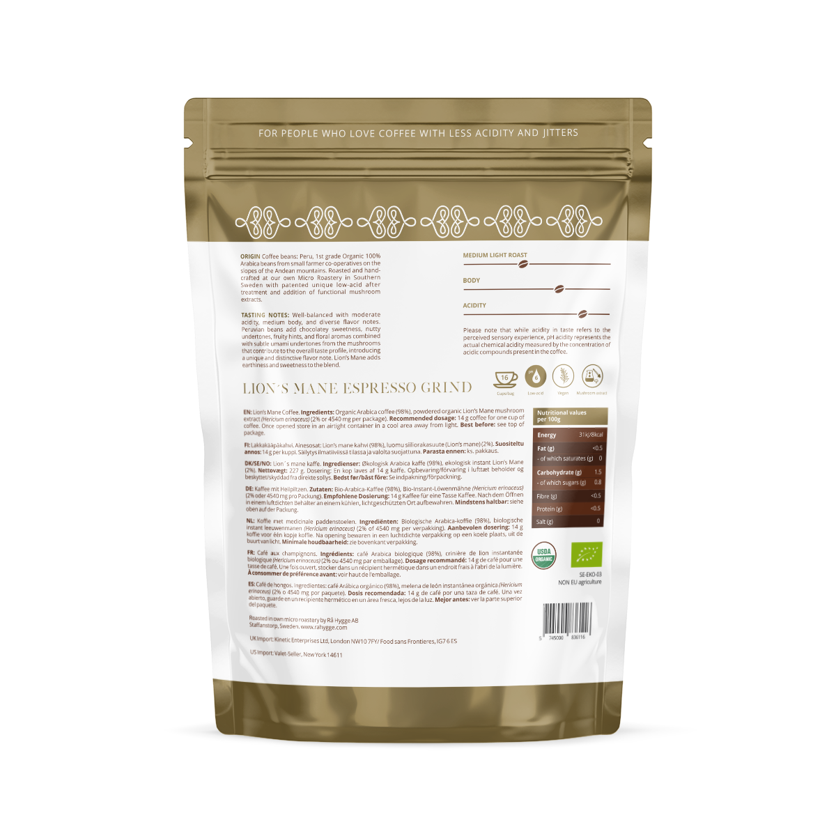 Rå Hygge - Vente Café moulu - Café de spécialité bio au champignon crinière de lion, mouture espresso 227 g1