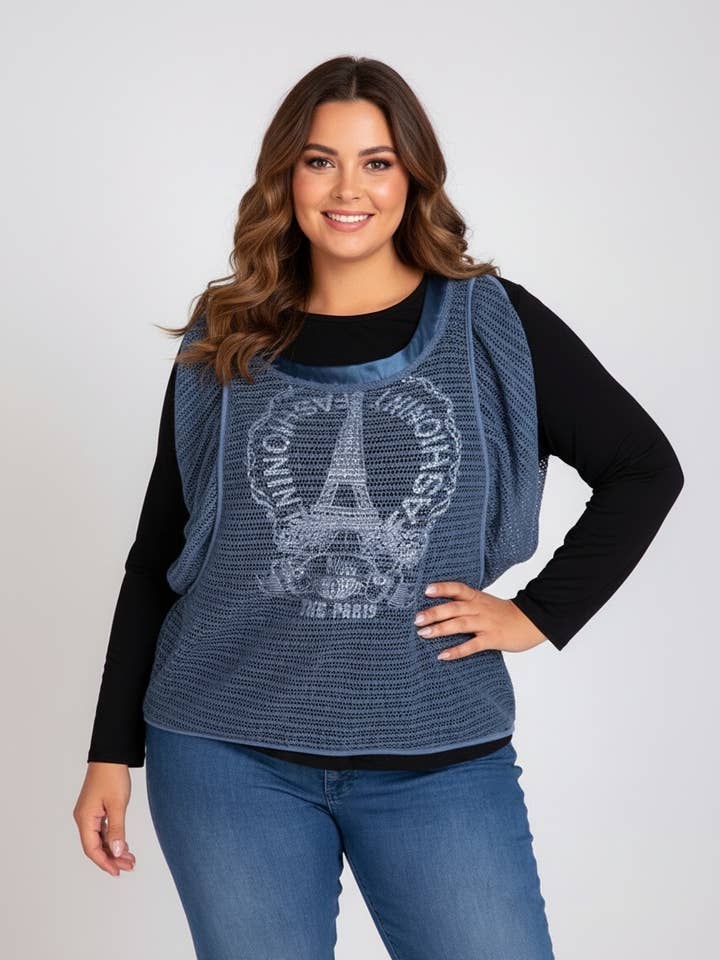 Printed t-shirt set + large size openwork vest (A553) for wholesale by Pomme Rouge Paris