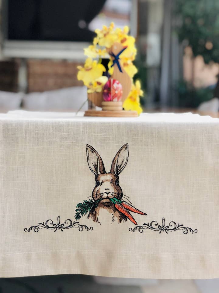 Embroidered Easter Bunny & Carrot Farm Linen Table Runner for wholesale by Belle Linen