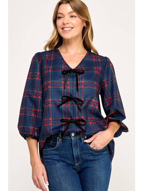 MintChoco - Wholesale Screen Printed T-Shirt - Women's - Plaid Holiday tie front blouse9