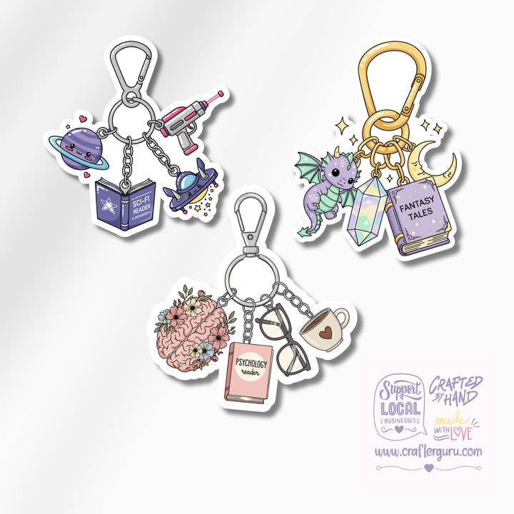Crafter Guru Shop - Wholesale Sticker - Bookish Genre Charms Sticker - Fantasy, Sci-Fi & Psychology Reader Gifts - Waterproof Kindle Decal- STK-005