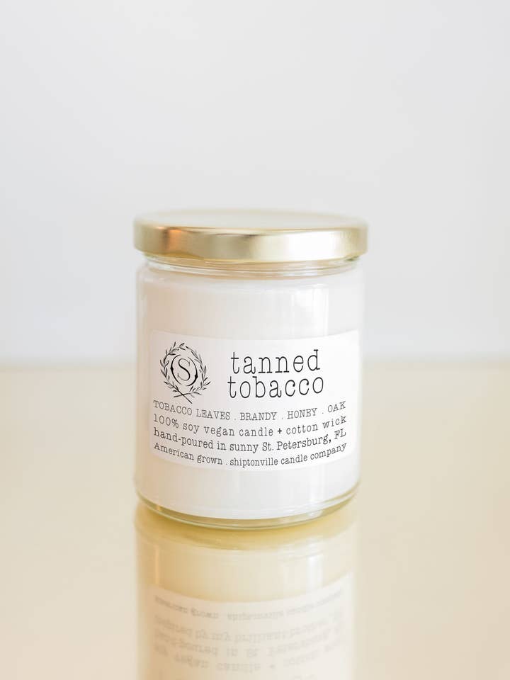 Tanned Tobacco 9oz Soy, Candle hand-poured for wholesale by Shiptonville Candle Company