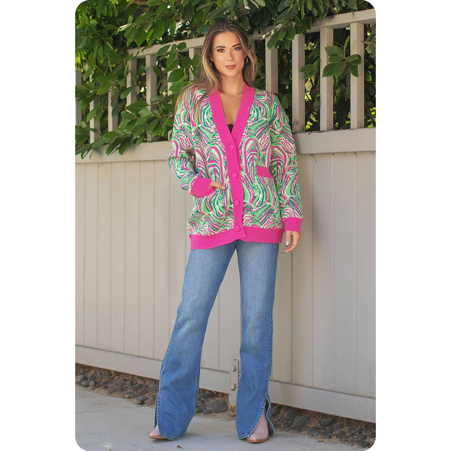 Rosa/Grön Multi Swirl Print Stickad Cardigan för wholesale på Faire10