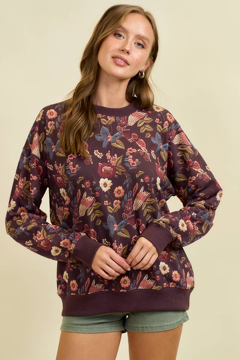 Doe and Rae - Wholesale Sweatshirt - Women's - FLORAL PRINT DROP SHOULDER PULL-OVER TOP - 45256T6