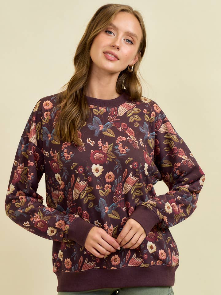 Doe and Rae - Wholesale Sweatshirt - Women's - FLORAL PRINT DROP SHOULDER PULL-OVER TOP - 45256T6