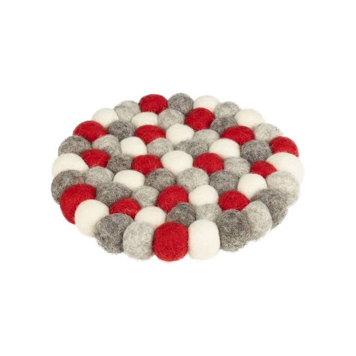 Silver Tree Home & Holiday - Wholesale Trivet - A05309: Felt ball trivet white,red and gray tones,7.5in