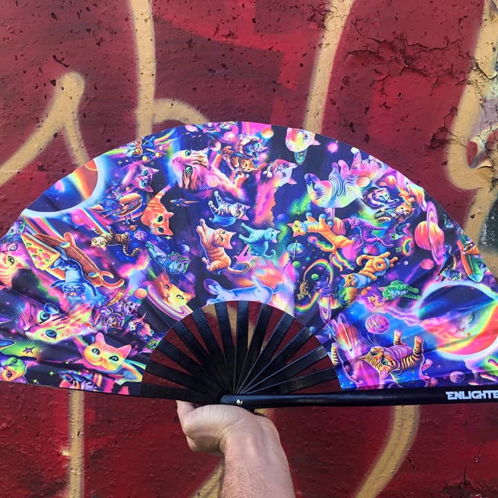 Enlighten - Wholesale Handheld Folding Fan - Rainbow Cats Fan - Large Hand Fan | Space Cat Art | Festival Accessory