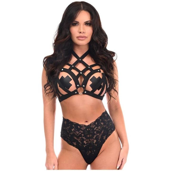 BOXED Sort elastisk kropssele m/sølv hardware for engroshandel hos Daisy Corsets