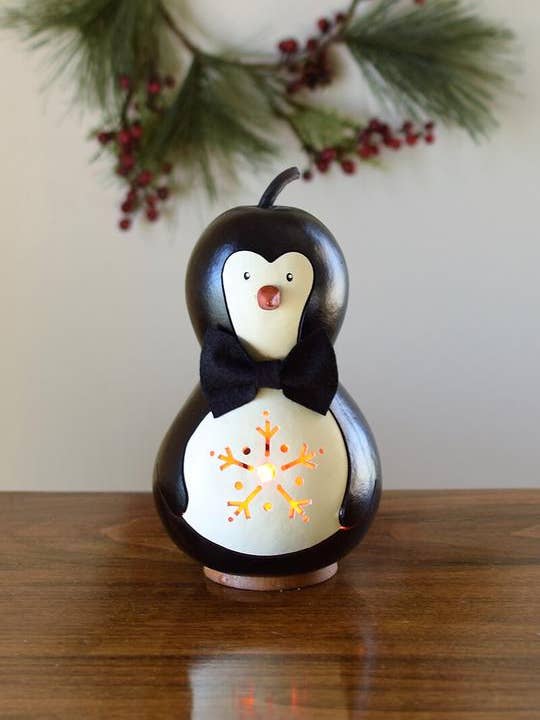 Parkin Penguin Small Lit Handcrafted Gourd for wholesale by Meadowbrooke Gourds