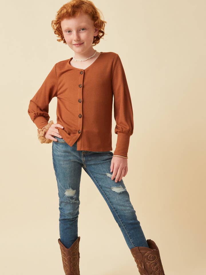 Girls Exaggerated Cuff Button Detail Ribbed Knit Top for wholesale by Hayden LA