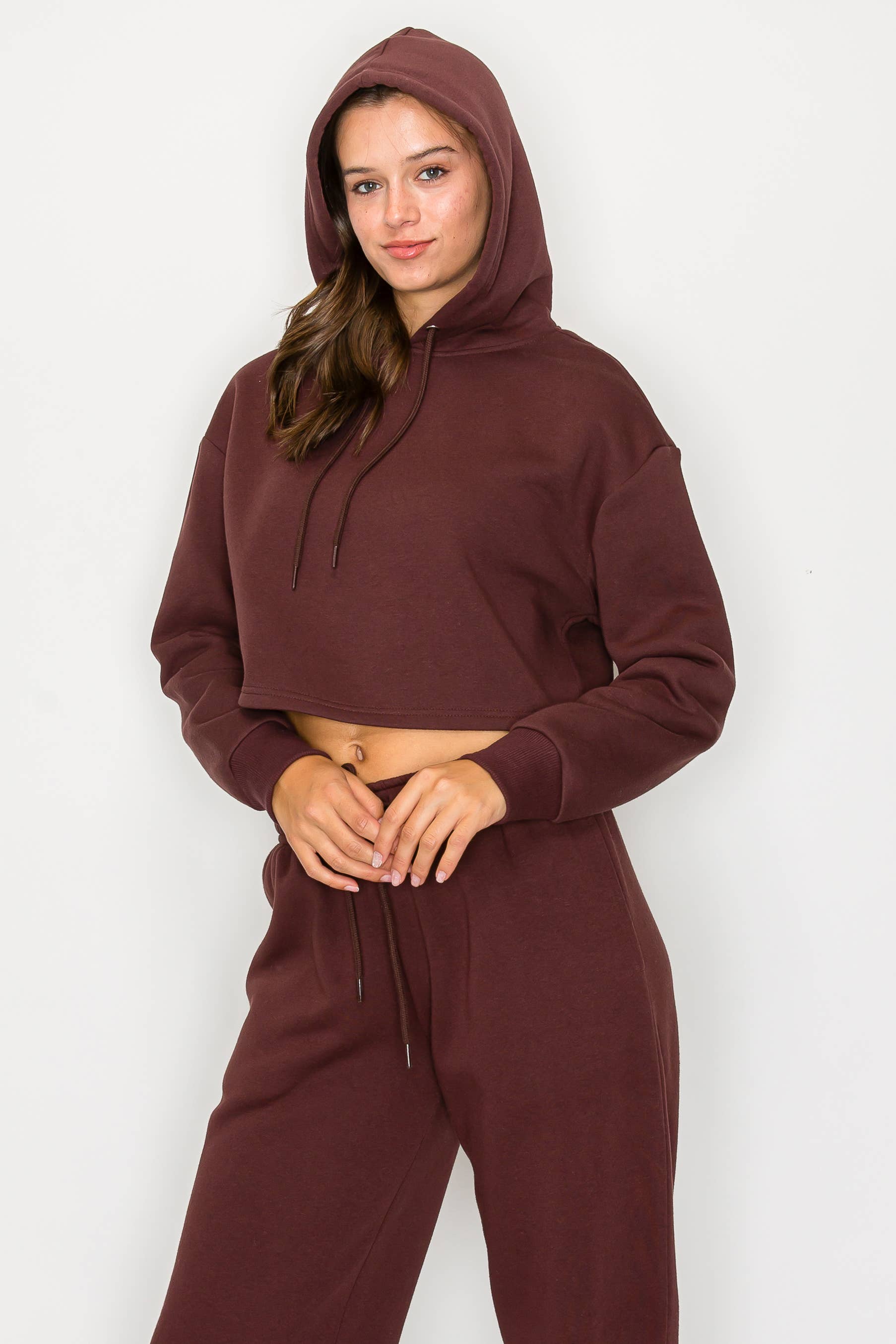 Color 5 - Wholesale Hoodie - Women's - Solid color fleece lined crop pull over hoodie jacket 5