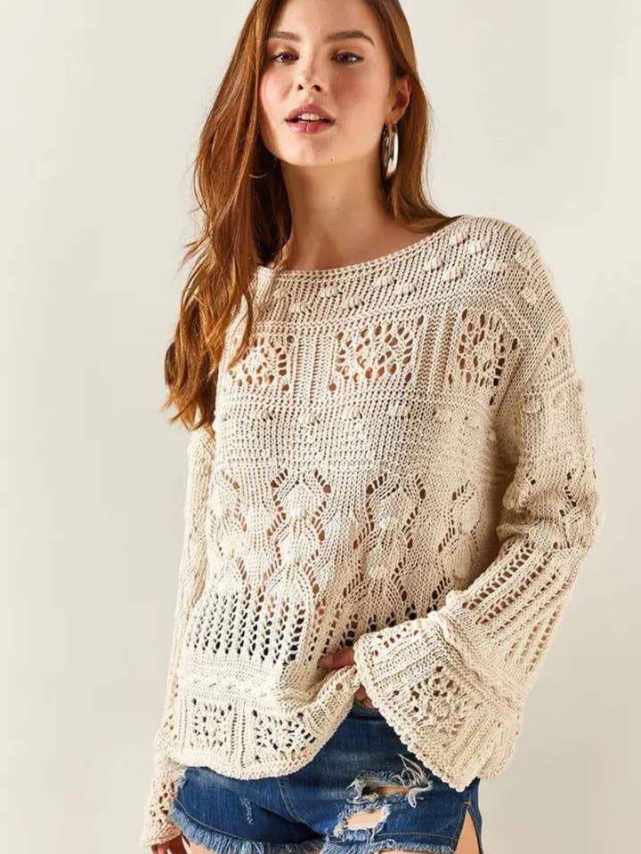 Mini Pom-Pom Openwork Cotton Knit Blouse for wholesale by Hoxton Gal