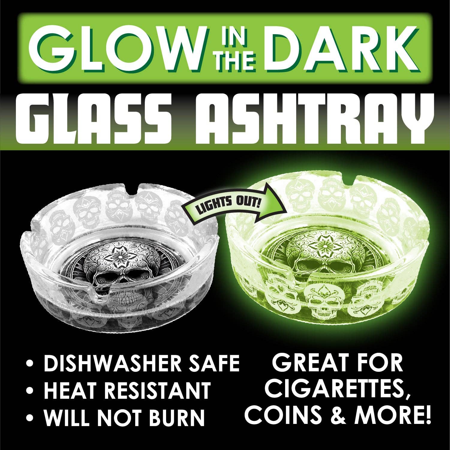Novelty Closeout - Wholesale Ashtray - Smokezilla Glow In The Dark Glass Ashtray Assortment- 6/Pack2