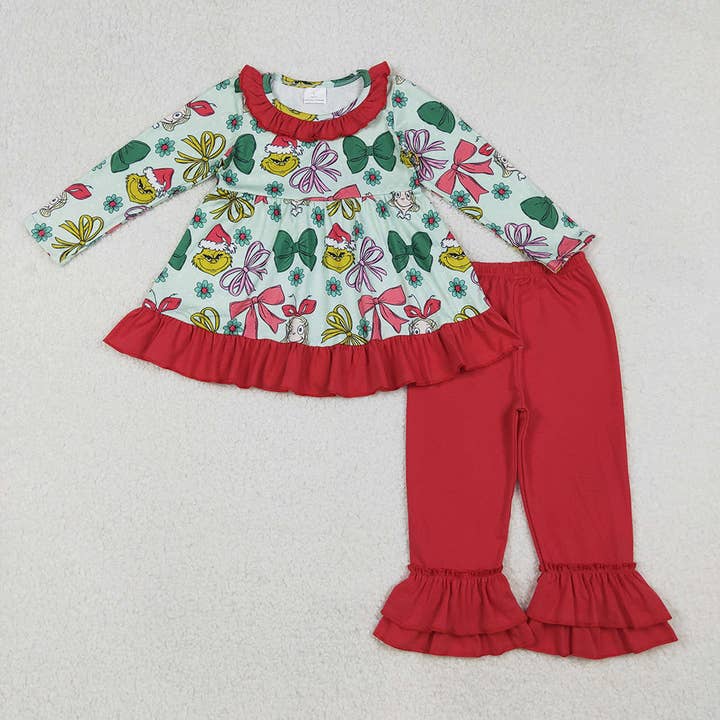 Ensembles de Noël pour bébés filles avec nœuds, tunique à carreaux verts et pantalons à volants. pour la vente par Aier Wholesale