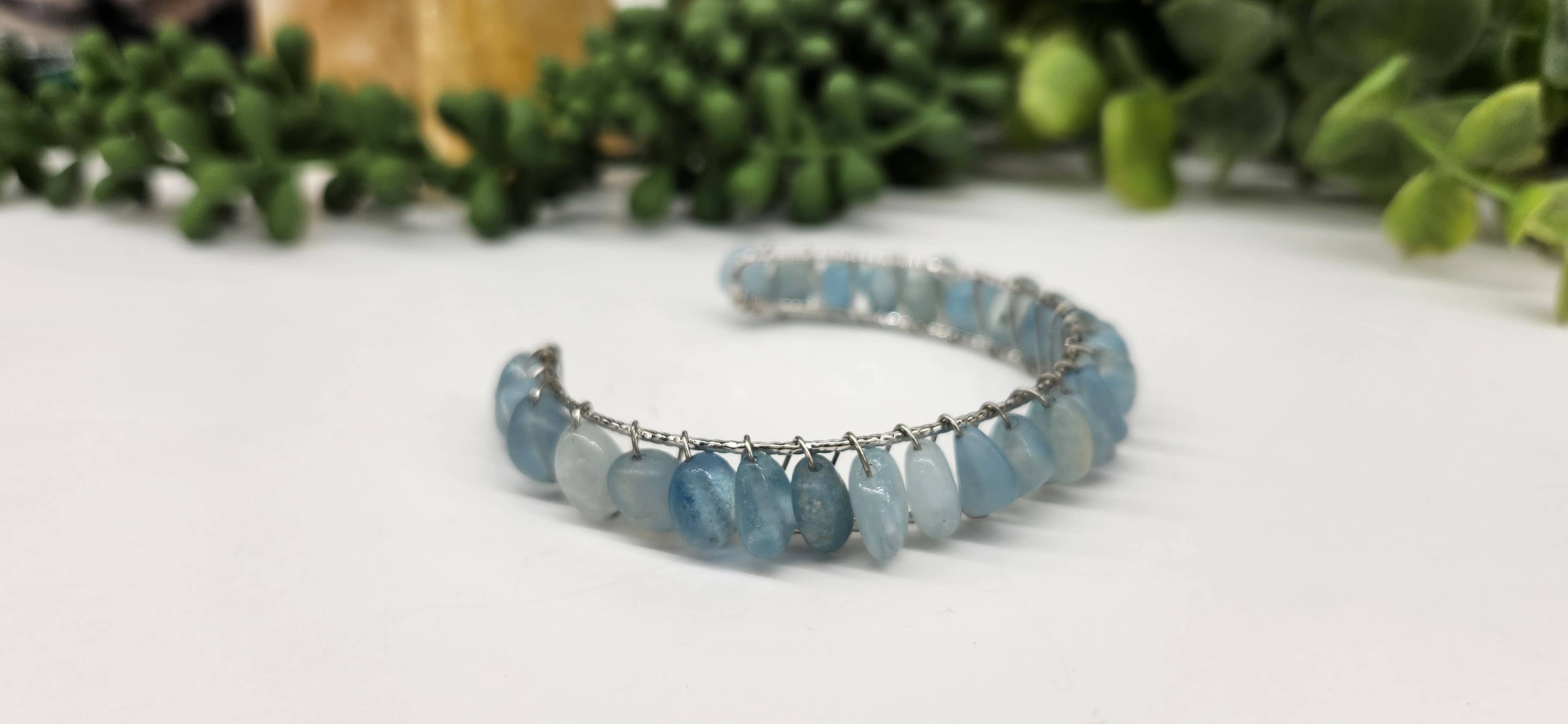 Meraki Gemstones - Wholesale Cuff Bracelet - Aquamarine Bangle/Cuff Wire Wrapped  -18kt. Gold Overlay1
