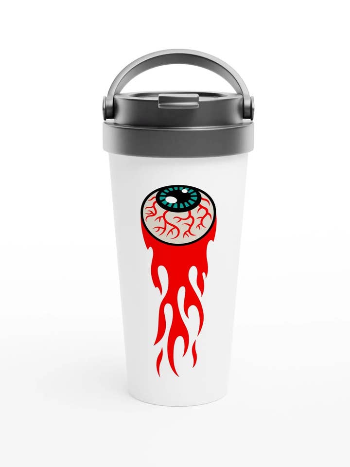 "Mug de voyage en acier inoxydable blanc 15oz 'Flaming Eyeball'" pour la vente par Amp'd Apparel Company