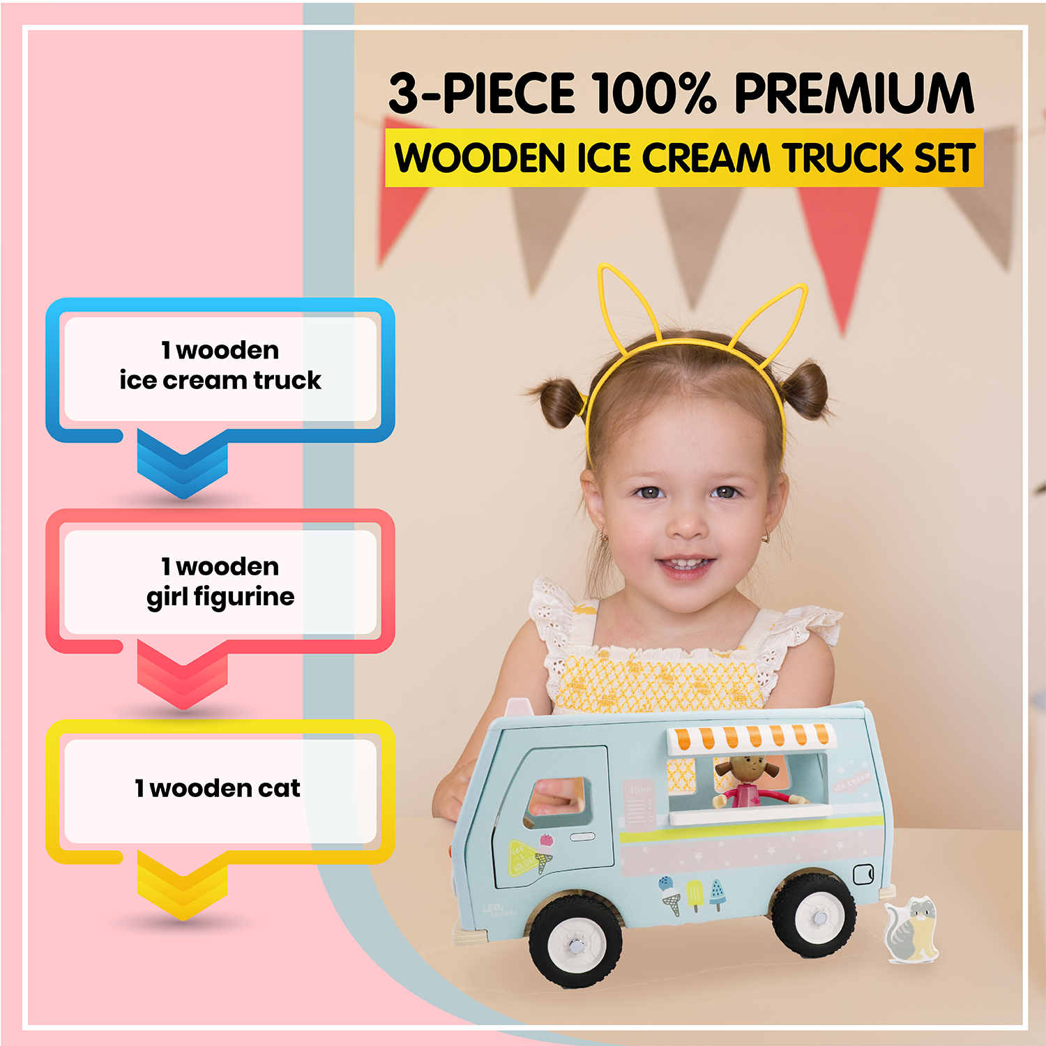 Leo & Friends - Wholesale Toy Set - Kids - L&F Wooden Ice Cream Van, 3-Piece Set11