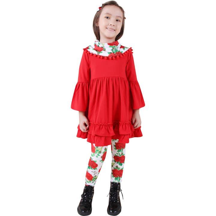 Angeline Kids - Wholesale Top & Leggings Set - Kids - Baby Toddler Little Girls Valentines Roses Scarf Outfit - Red Ivory