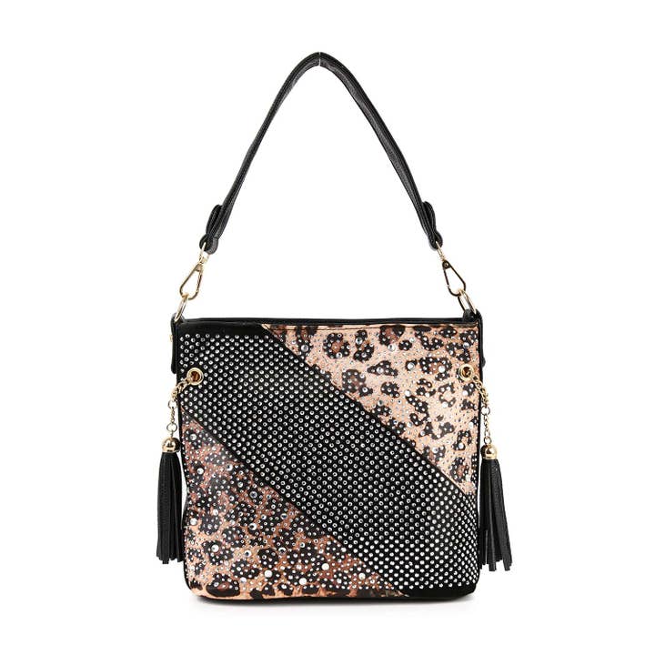 Bold Rhinestone Print Leopard Hobo Crossbody for wholesale by Handbag Factory Corp