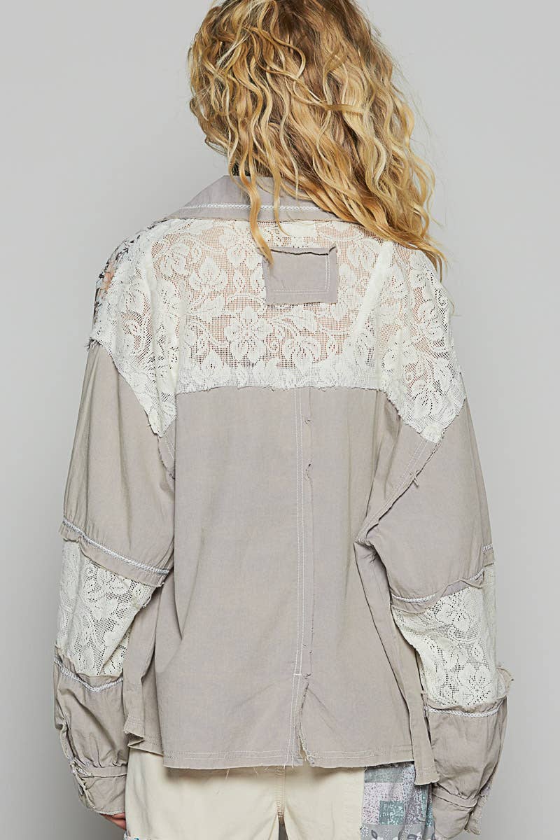 Pol Clothing - Wholesale Shirt Jacket/Shacket - Women's - Balloon sleeve printed woven mixed denim shacket SALE19