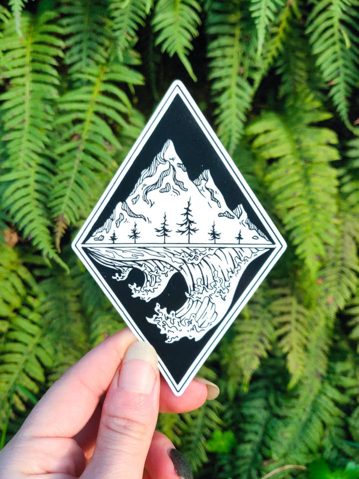 Mountains Above, Oceans Below - Vinyl Sticker - Hiking Camping Forest Ambigram PNW Nature Art for wholesale by Crafted from Scratch