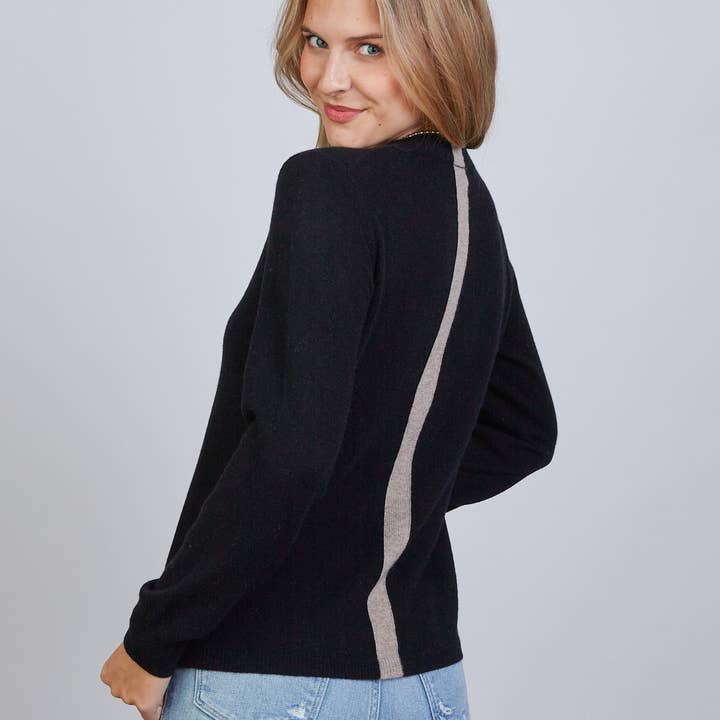 Highland Stripe 100% Mongolian Cashmere Sweater in Black with Beige for wholesale by erin gray