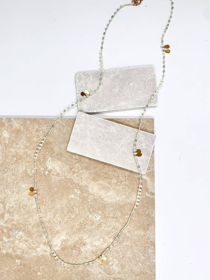 Natural Aquamarine Hand-Crocheted Necklace w/ Quartz Crystal and Brass Teardrop charms for wholesale by Margeaux Road