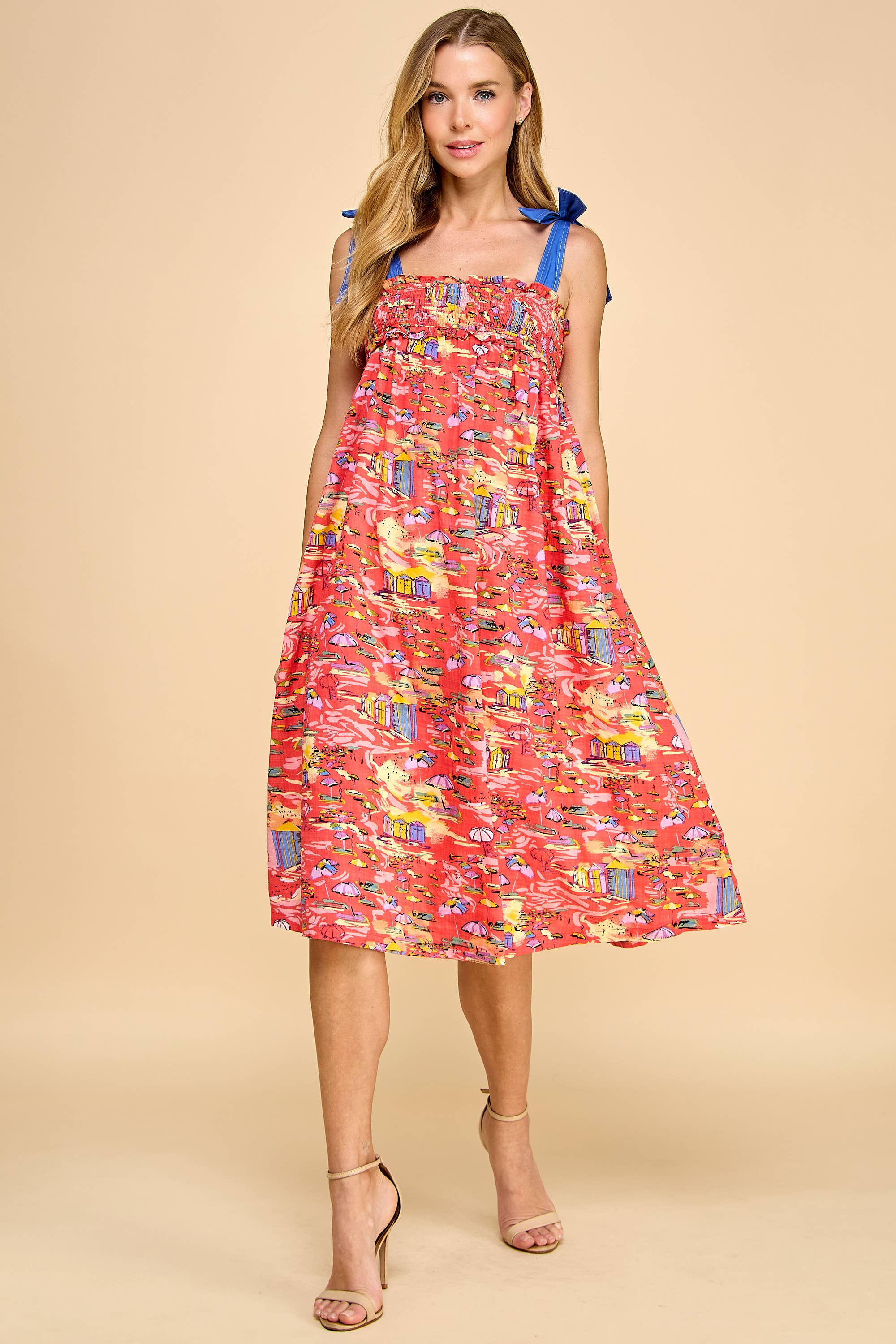 Red CD05123-Abstract Print Smocked Bodice midi Dress for wholesale on Faire0