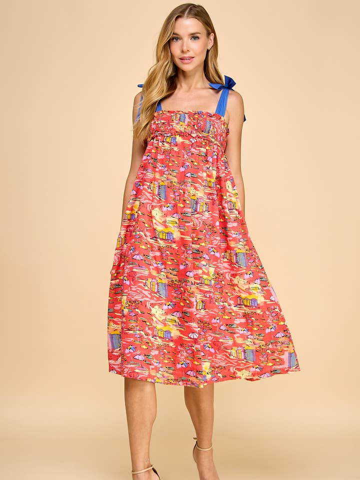 Red CD05123-Abstract Print Smocked Bodice midi Dress for wholesale on Faire0