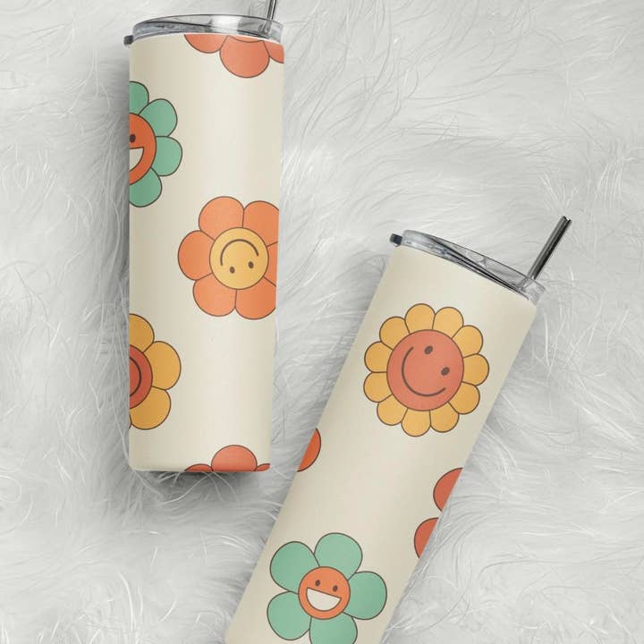 Bicchiere skinny retrò da 20 once con Happy Daisy per la vendita all'ingrosso da parte di Blackrockcreations