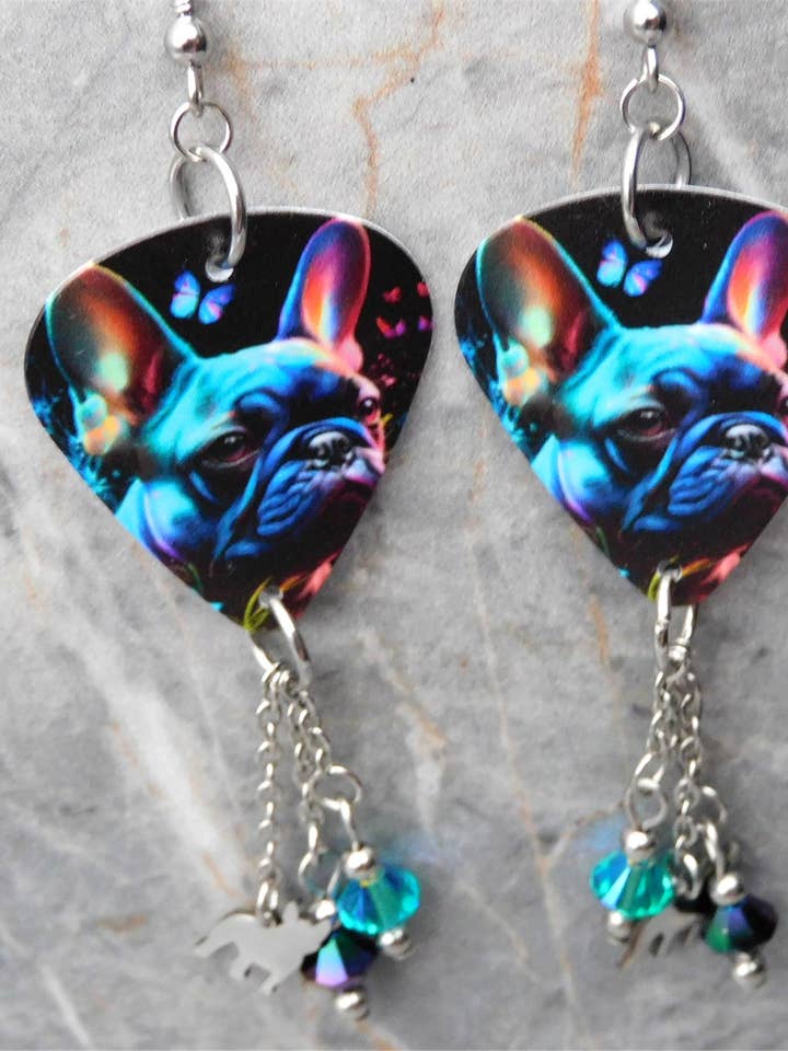 Pendientes con colgantes de púa de guitarra de Bulldog Francés y Boston Terrier para venta al por mayor de Simply Raevyn