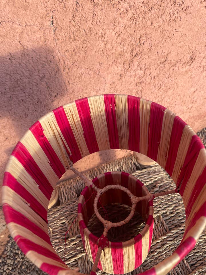 Handmade Raffia Table Lamp Shade in Beige and Pin Boho Lamp for wholesale by bazarifinagh