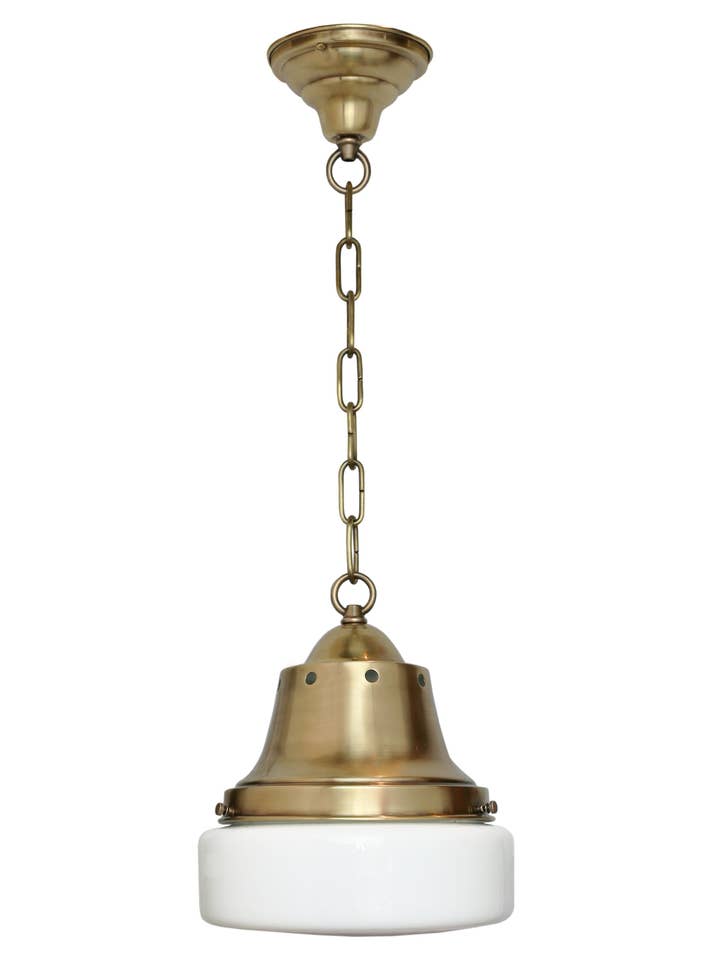 Bedford Pendant with Flat Milk Glass Shade, Hand-Rubbed Antique Brass for wholesale by Fox Mill Lighting & Supply Co.